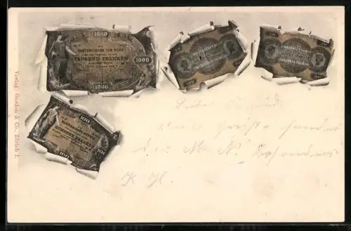 AK Schweizer Geldscheine, Tausend Franken, Hundert und Fünfzig Franken