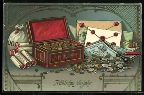 AK Kiste mit Geldmünzen, Scheine und Umschläge, Neujahrsgruss