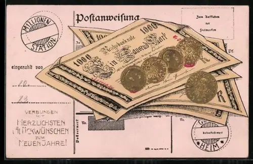 AK Reichsmarknoten und -geldmünzen, Einzahlung, Neujahrskarte