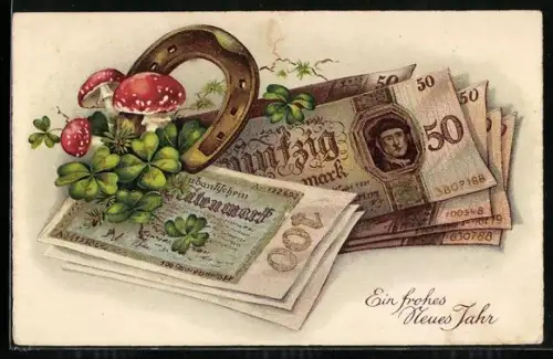 AK Neujahrsgruss, Geld, Kleeblatt, Hufeisen, Pilze