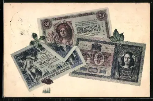 AK Österreich-Ungarische Geldscheine, Zehn Kronen und zwanzig Kronen