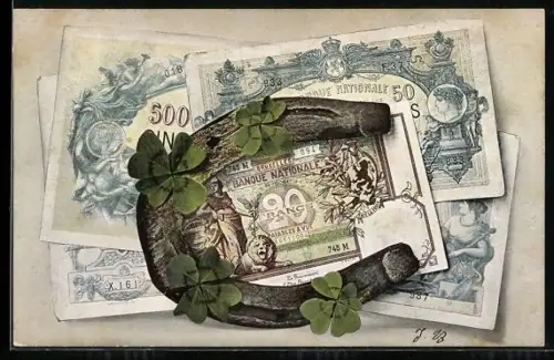 AK Geldscheine, Hufeisen u. Glücksklee