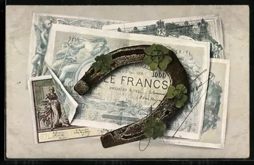 AK Belgische Geldscheine, Hufeisen und Kleeblätter