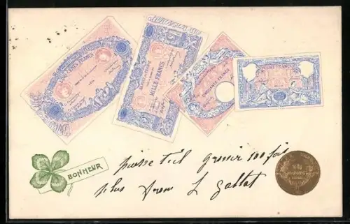 AK Französische Geldscheine mit Münze und Kleeblatt, Mille Francs, Cinq Cents Francs, Cinquante Francs