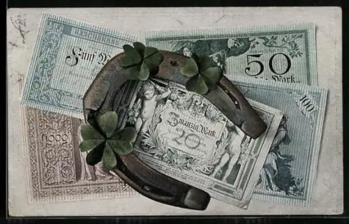 AK Geldscheine, Hufeisen und Kleeblätter