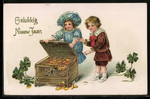 AK Neujahrsgruss, Kinder öffnen eine Schatztruhe voller Gold