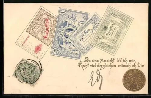 AK Deutsche Währung, Markscheine mit Goldmünze