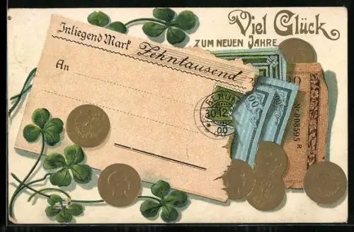 AK Umschlag mit Scheinen, Geldmünzen und Kleeblättern