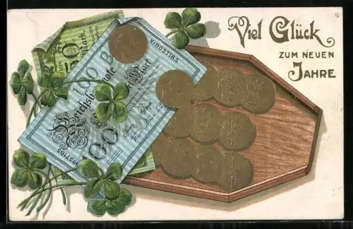 AK Reichsbanknote 100 Mark, Münzen und Kleeblätter