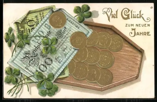 AK Tablett mit Geld und Glücksklee, Neujahrsgruss