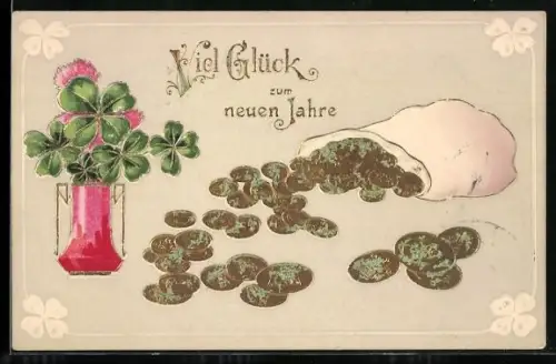 Präge-AK Geldbeutel mit Münzen und Kleeblatt-Strauss, Neujahrsgruss