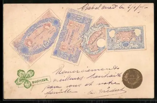 AK Französische Geldscheine mit Kleeblatt und Münze