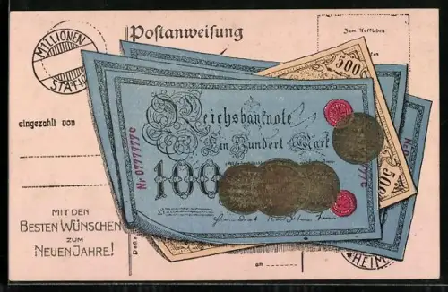 AK Münzen und Geldscheine, Reichsbanknote 100 Mark, Neujahrsgruss