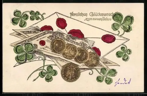 AK Gelscheine- und Münzen im Briefumschlag, Kleeblättern, Neujahrsgruss