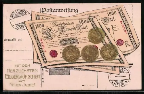 AK Postanweisung über 100 Mark, Münzen, Neujahrsgruss