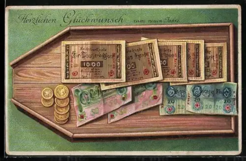 AK Geldscheine- und Münzen, Neujahrsgruss