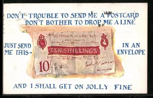 AK Geldschein Ten Shillings, Don`t trouble to send me a postcard...