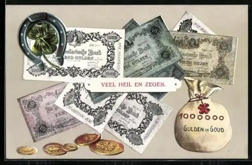 AK niederländische Geldscheine u. Geldstücke, Gulden, Geldsack, Hufeisen, Kleeblatt