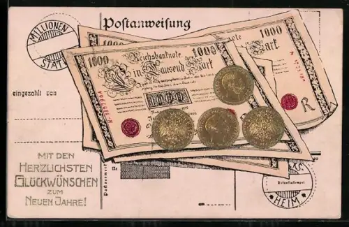 AK Tausend-Mark-Schein und Münzen