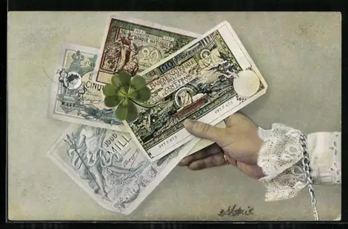 AK Banque Nationale de Belgique, belgische Banknoten in einer Damenhand, Vierblattklee