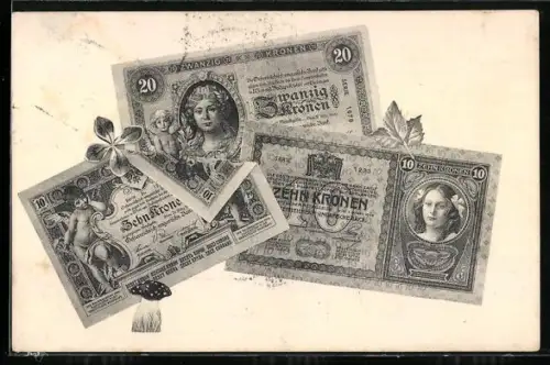 AK Drei österreich-ungarische Geldscheine mit Kleeblatt und Fliegenpilz