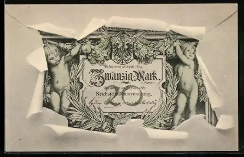 AK Berlin, Geldschein über zwanzig Mark durch zerrissenes Papier