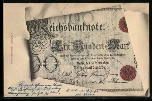 AK Berlin, Geldschein über einhundert Mark durch zerrissenes Papier