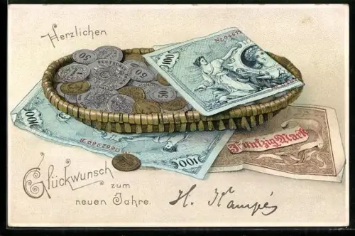 AK Korb mit Geldmünzen und Scheinen
