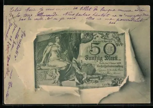 AK Berlin, Geldschein über fünfzig Mark durch zerrissenes Papier