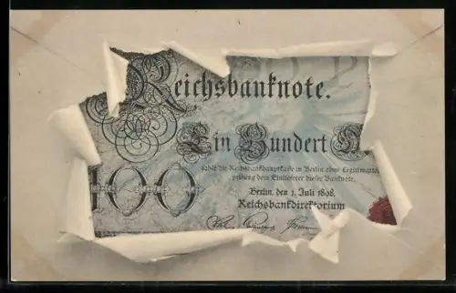 AK Berlin, Geldschein über einhundert Mark durch zerrissenes Papier