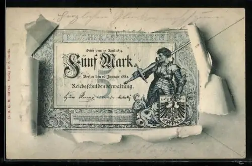 AK Berlin, Geldschein über fünf Mark durch zerrissenes Papier