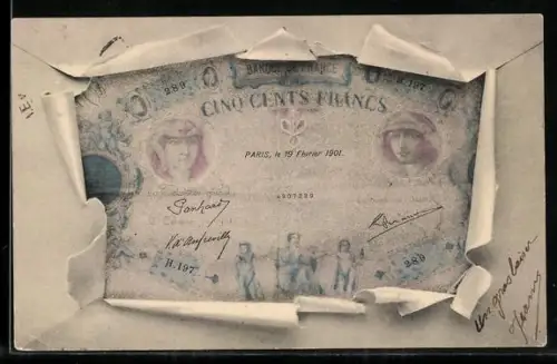 AK Paris, Geldschein durch zerrissenes Papier