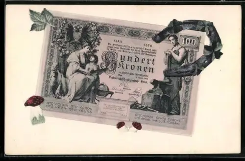 AK Geldschein über hundert Kronen, Hufeisen und Fliegenpilze