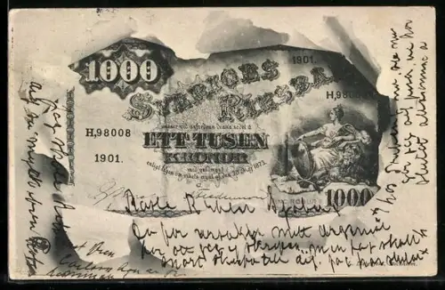 AK Geldschein über eintausend Kronen durch zerrissenes Papier