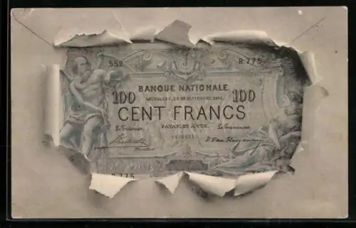 AK Französischer Geldschein durch zerrissenes Papier