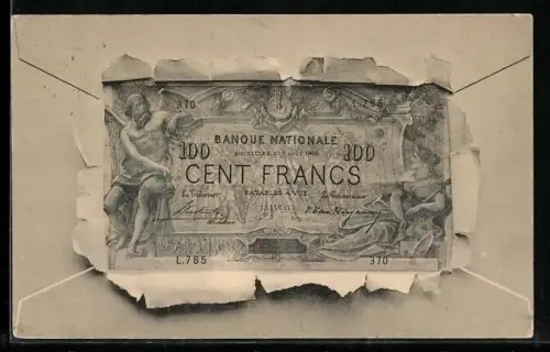 AK Französischer Geldschein durch zerrissenes Papier