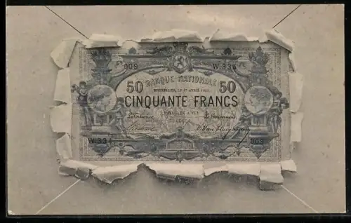 AK Francs, 50 Cinquante Geldschein durch zerrissenes Papier