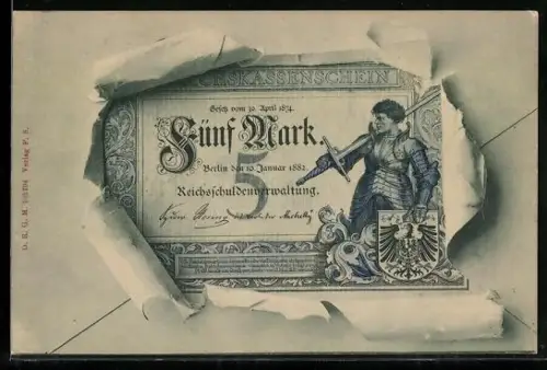 AK Fünf Mark Geldschein mit Ritter