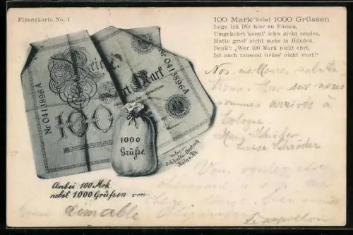 AK Geldschein über hundert Mark und Geldsack