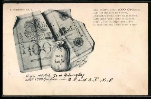 AK Geldschein über hundert Mark und Geldsack