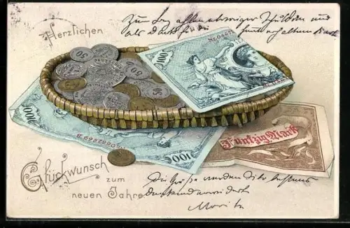 AK Korb mit Geldmünzen und Scheinen