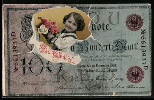 AK Junge mit Blumen im Geldschein über einhundert Mark, Passepartout