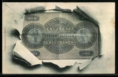AK Französischer Geldschein durch zerrissenes Papier