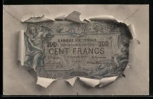 AK Französischer Geldschein durch zerrissenes Papier
