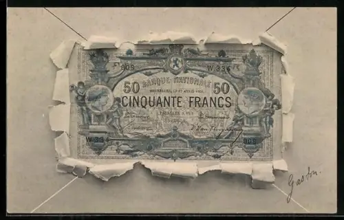 AK Francs, 50 Cinquante Geldschein durch zerrissenes Papier