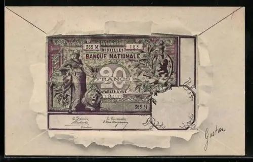 AK Geldschein aus Belgien, 20 Franks Banknote