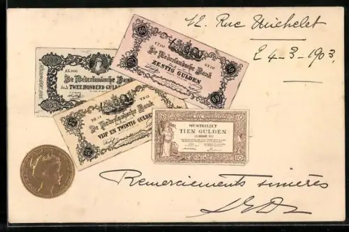 AK Niederländisches Geld: Gulden mit Goldmünze