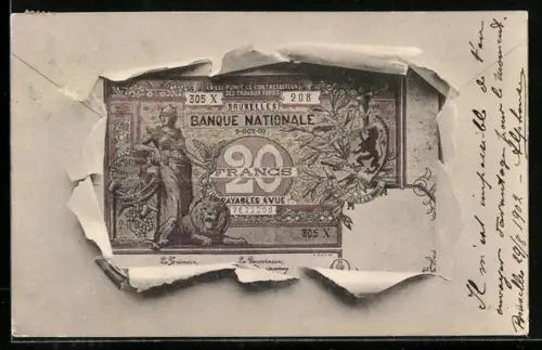 AK Bruxelles, Geldschein über zwanzig Francs durch zerrissenes Papier