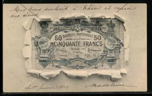 AK Francs, 50 Cinquante Geldschein durch zerrissenes Papier