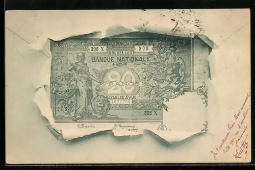 AK Bruxelles, Geldschein über zwanzig Francs durch zerrissenes Papier